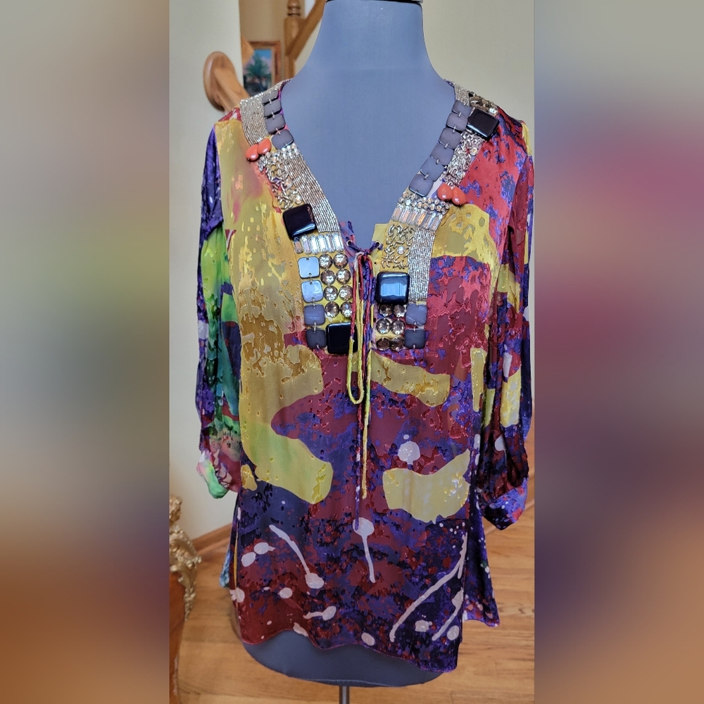 $395 NWOT MAGASCHONI BLOUSE TUNIC TOP EMBELLISHED JEWELED V NECK 3/4 SLEEVE XL